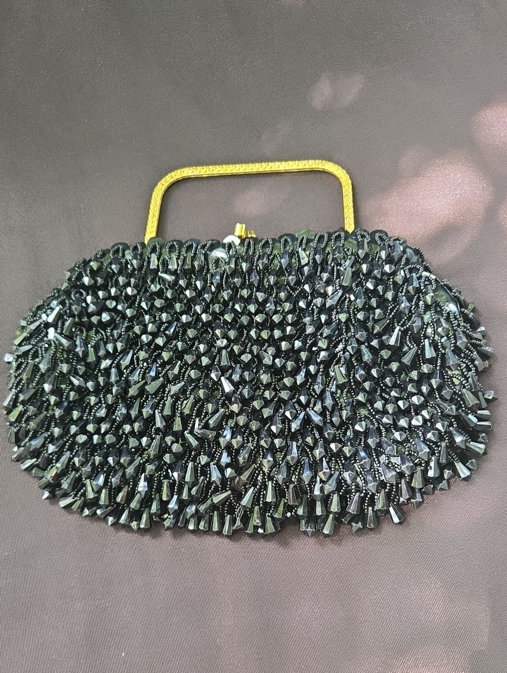 La Regale Black Beaded Evening Clutch with Gold Handle